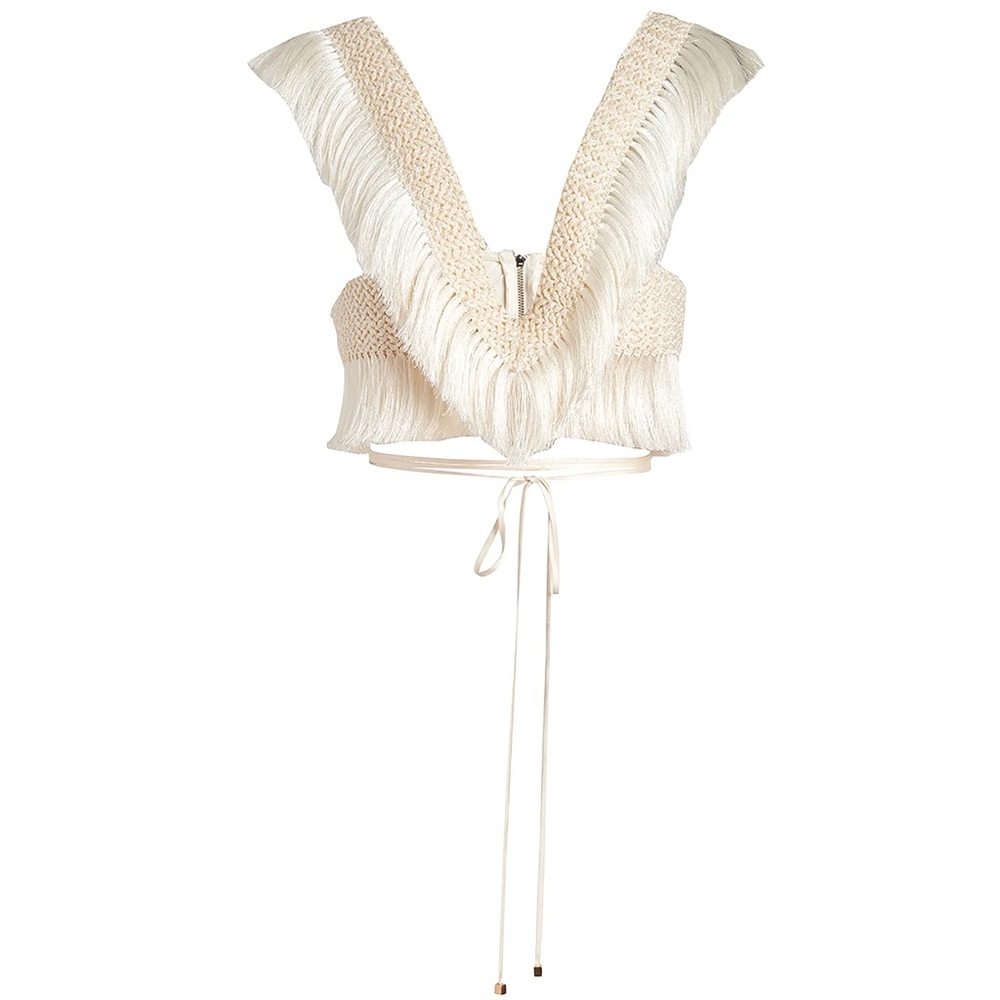PatBO Samba Fringe Crop Top in off white